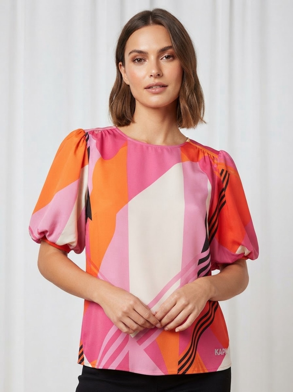 Karl Lagerfeld Pink, Orange & Cream Geometric Puff-Sleeve Long-Sleeve Blouse